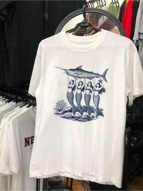 Gildan White Tee with Navy Mermaid & Swordfish Graphic